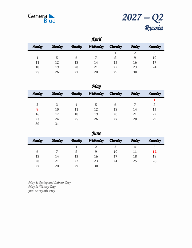 April, May, and June Calendar for Russia with Sunday Start