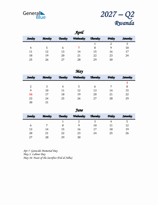 April, May, and June Calendar for Rwanda with Sunday Start