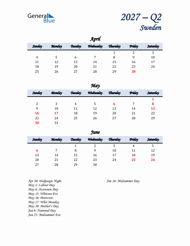 April, May, and June Calendar for Sweden with Sunday Start