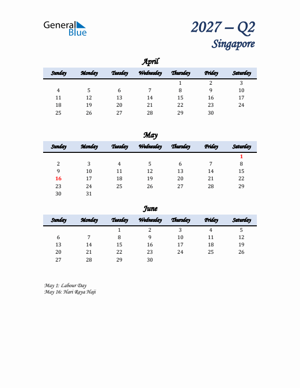 April, May, and June Calendar for Singapore with Sunday Start