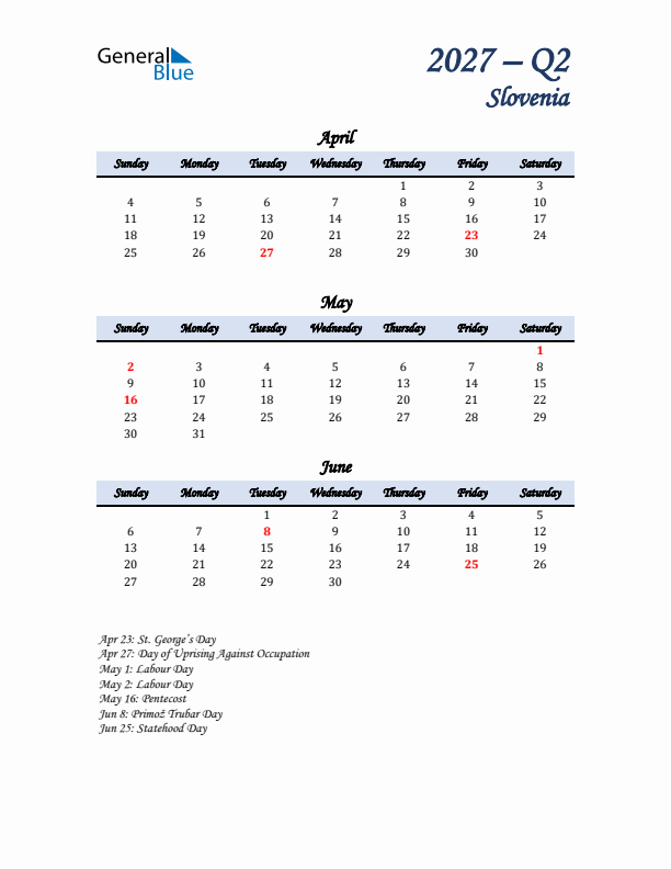 April, May, and June Calendar for Slovenia with Sunday Start