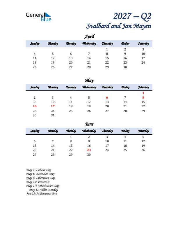 April, May, and June Calendar for Svalbard and Jan Mayen with Sunday Start