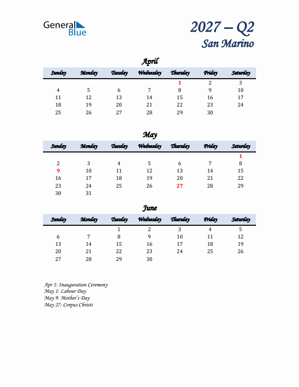 April, May, and June Calendar for San Marino with Sunday Start