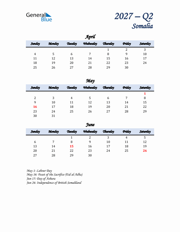 April, May, and June Calendar for Somalia with Sunday Start