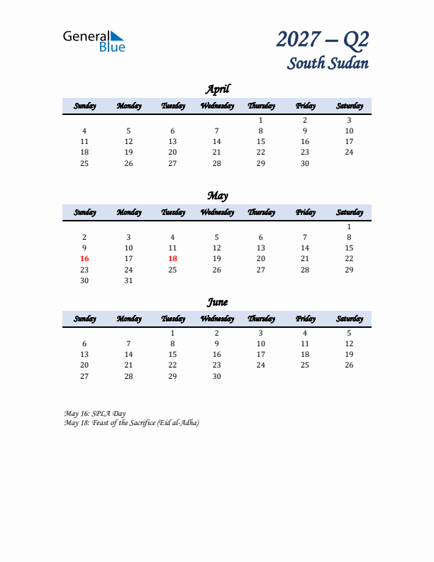 April, May, and June Calendar for South Sudan with Sunday Start