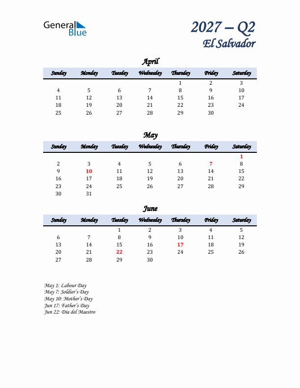 April, May, and June Calendar for El Salvador with Sunday Start