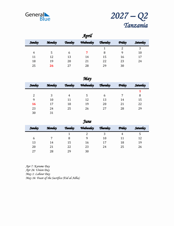 April, May, and June Calendar for Tanzania with Sunday Start