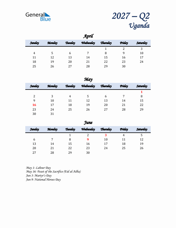 April, May, and June Calendar for Uganda with Sunday Start