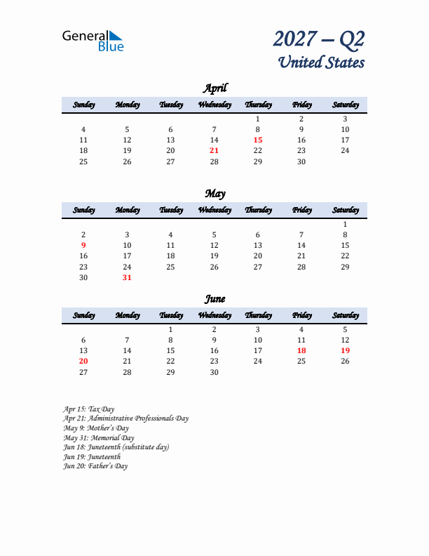 April, May, and June Calendar for United States with Sunday Start