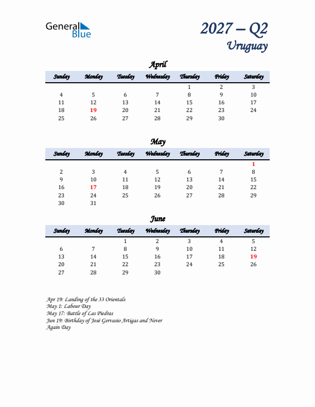 April, May, and June Calendar for Uruguay with Sunday Start