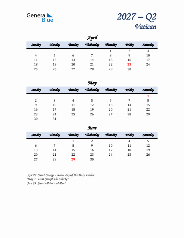 April, May, and June Calendar for Vatican with Sunday Start