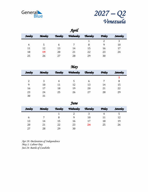 April, May, and June Calendar for Venezuela with Sunday Start