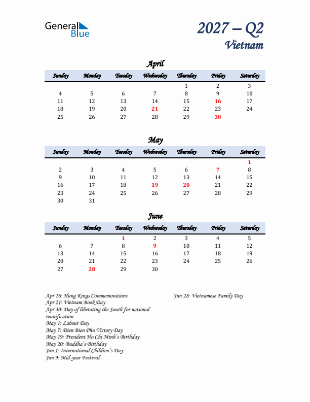 April, May, and June Calendar for Vietnam with Sunday Start