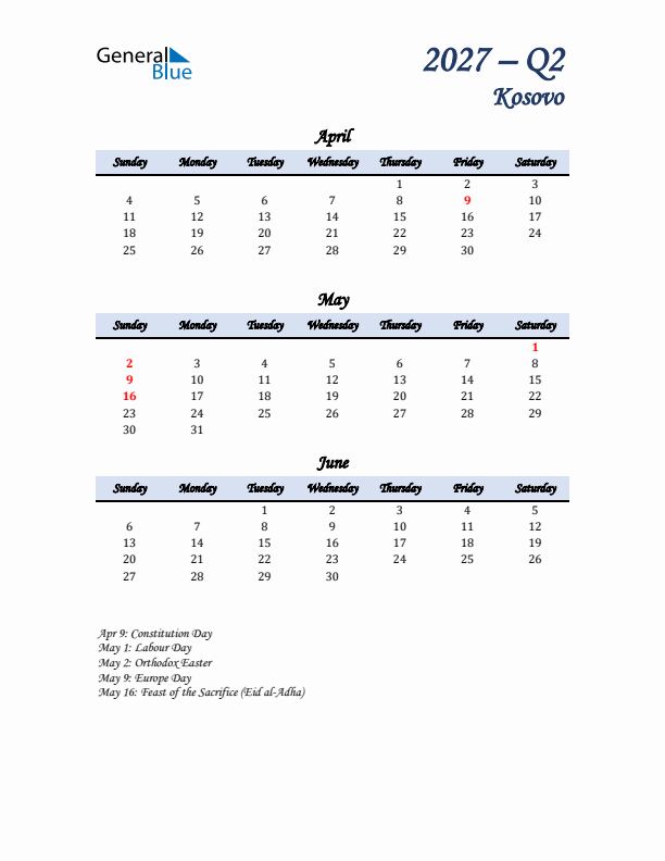 April, May, and June Calendar for Kosovo with Sunday Start