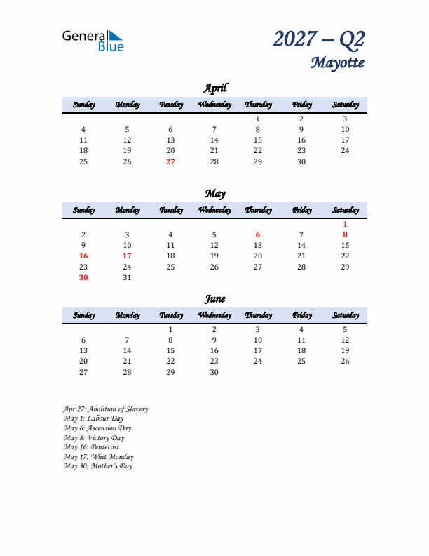 April, May, and June Calendar for Mayotte with Sunday Start