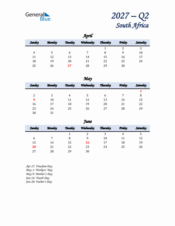 April, May, and June Calendar for South Africa with Sunday Start