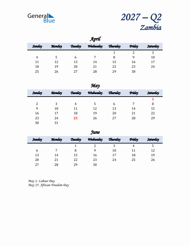 April, May, and June Calendar for Zambia with Sunday Start