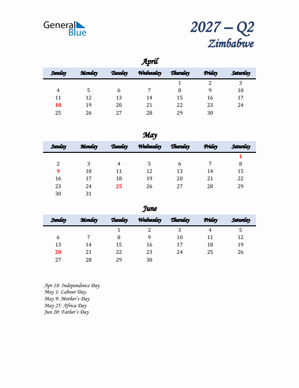 April, May, and June Calendar for Zimbabwe with Sunday Start