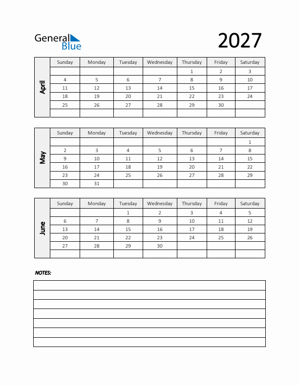 Q2 2027 Calendar with Notes