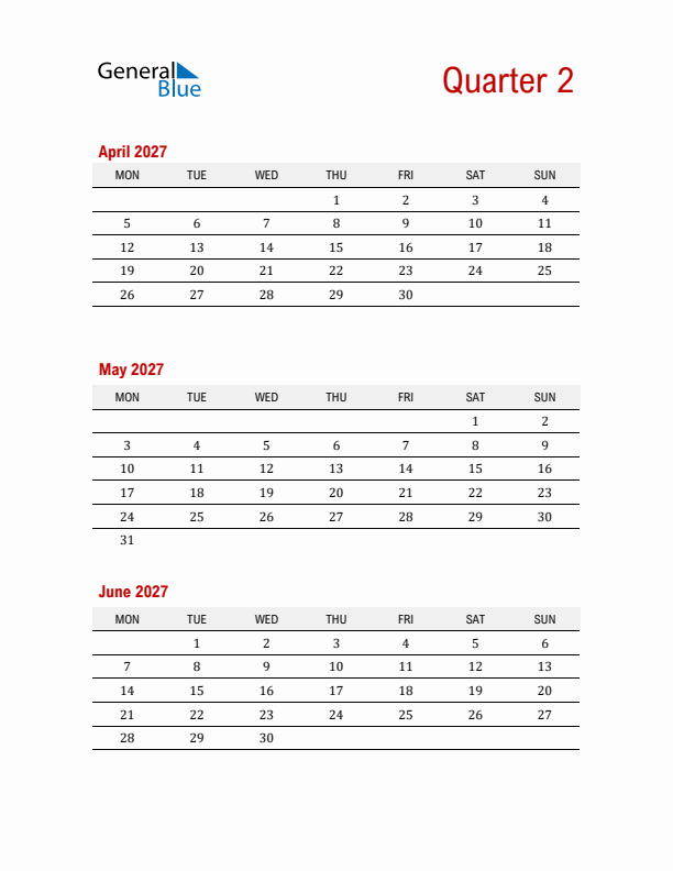 Three-Month Printable Calendar 2027