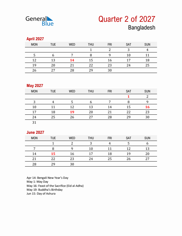 Printable Three Month Calendar with Bangladesh Holidays