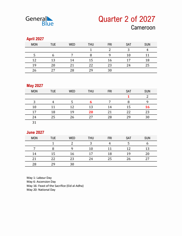 Printable Three Month Calendar with Cameroon Holidays