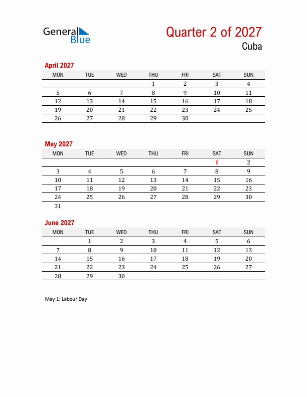 Printable Three Month Calendar with Cuba Holidays