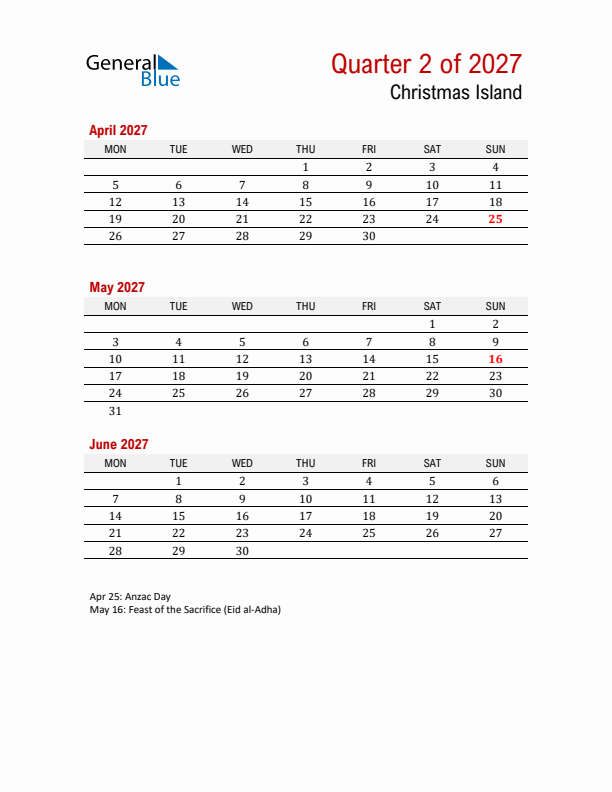 Printable Three Month Calendar with Christmas Island Holidays