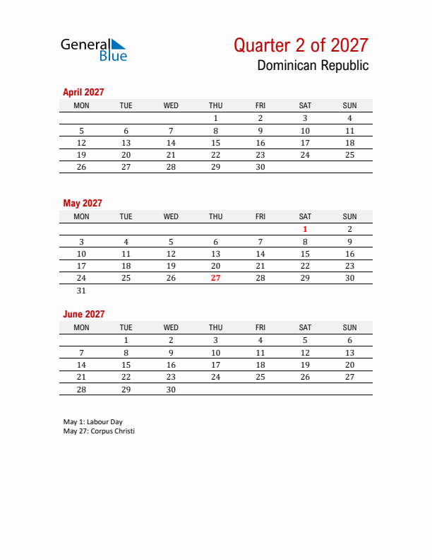 Printable Three Month Calendar with Dominican Republic Holidays