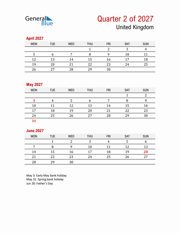 Printable Three Month Calendar with United Kingdom Holidays