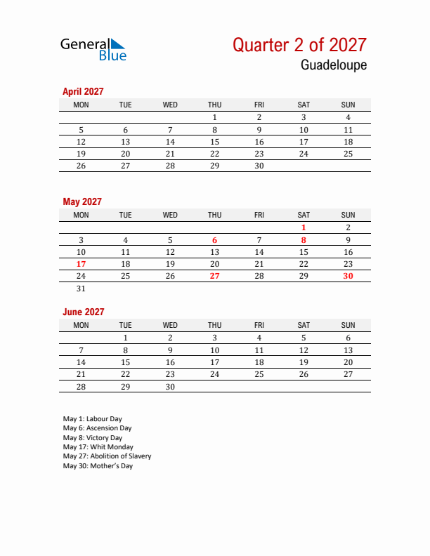 Printable Three Month Calendar with Guadeloupe Holidays