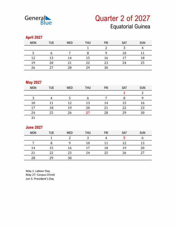 Printable Three Month Calendar with Equatorial Guinea Holidays