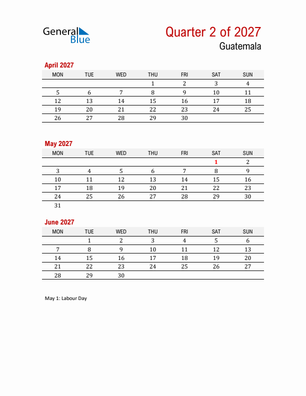 Printable Three Month Calendar with Guatemala Holidays