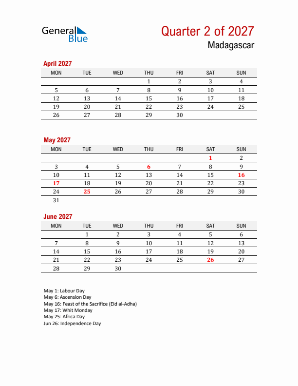 Printable Three Month Calendar with Madagascar Holidays