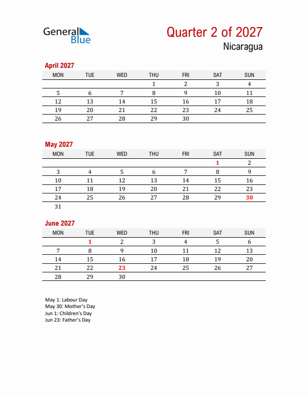 Printable Three Month Calendar with Nicaragua Holidays