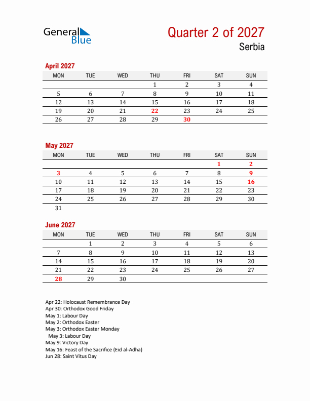 Printable Three Month Calendar with Serbia Holidays