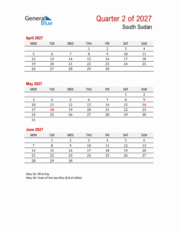 Printable Three Month Calendar with South Sudan Holidays