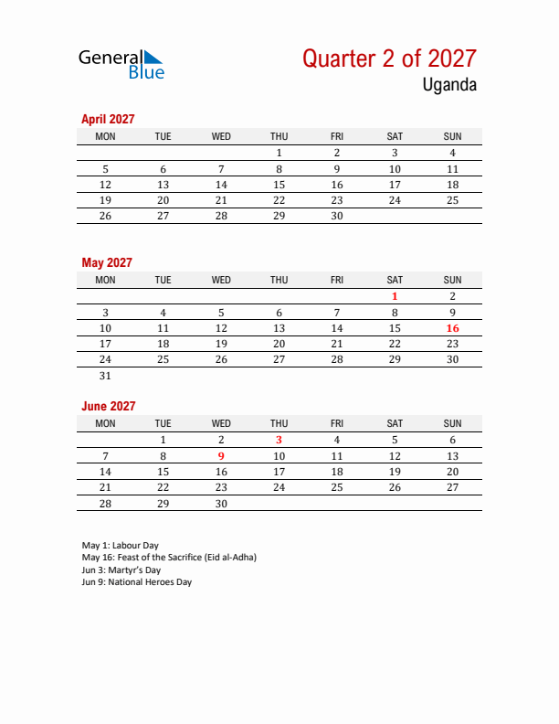 Printable Three Month Calendar with Uganda Holidays