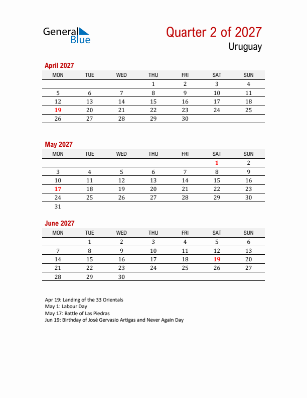 Printable Three Month Calendar with Uruguay Holidays