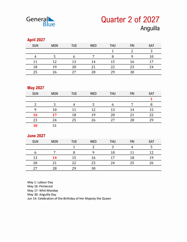 Printable Three Month Calendar with Anguilla Holidays