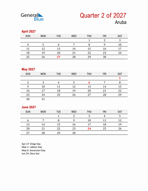 Printable Three Month Calendar with Aruba Holidays