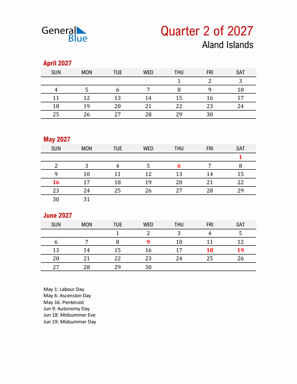 Printable Three Month Calendar with Aland Islands Holidays