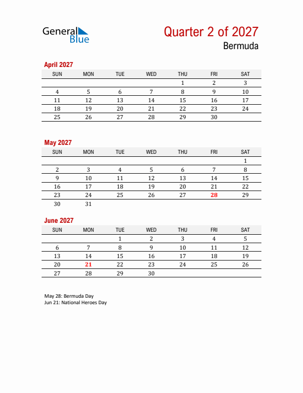 Printable Three Month Calendar with Bermuda Holidays