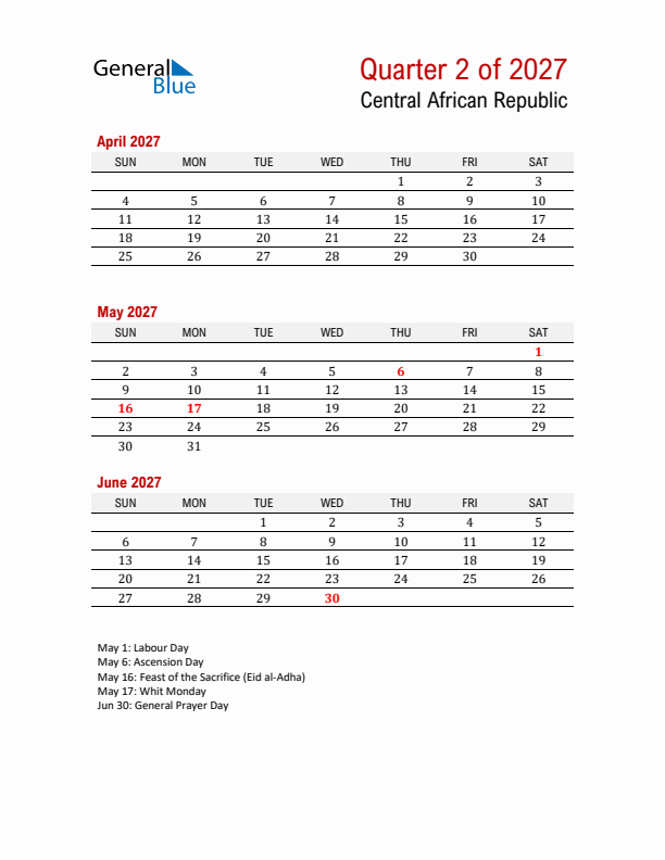 Printable Three Month Calendar with Central African Republic Holidays