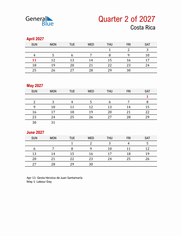 Printable Three Month Calendar with Costa Rica Holidays