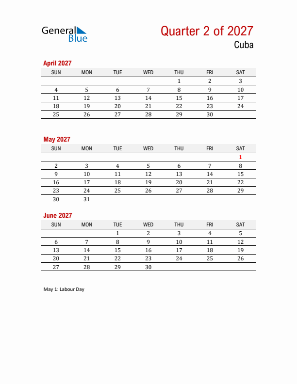 Printable Three Month Calendar with Cuba Holidays