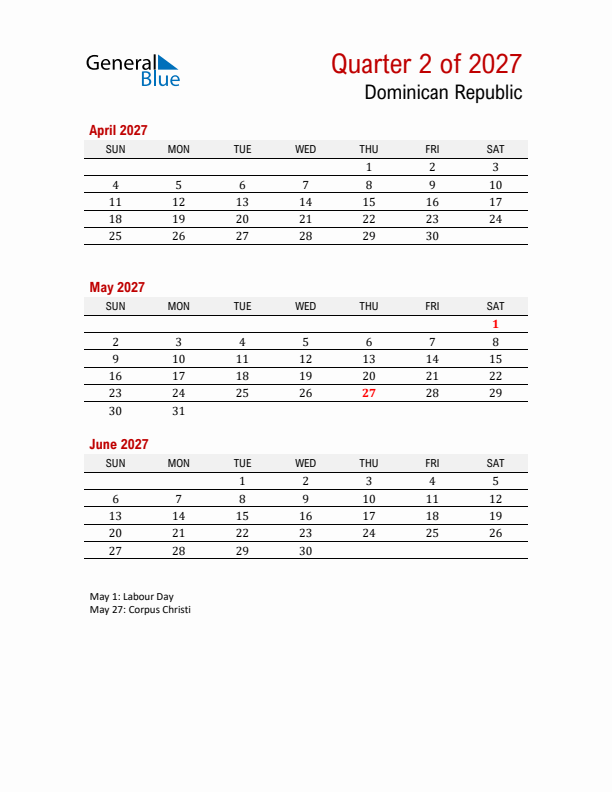 Printable Three Month Calendar with Dominican Republic Holidays