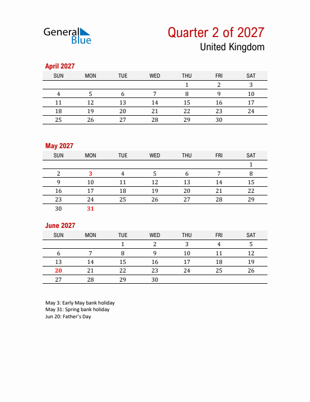 Printable Three Month Calendar with United Kingdom Holidays