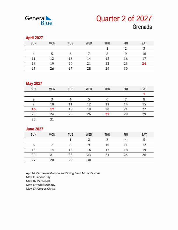 Printable Three Month Calendar with Grenada Holidays