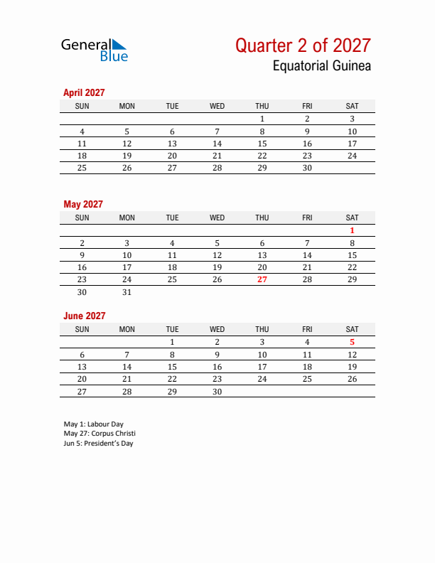 Printable Three Month Calendar with Equatorial Guinea Holidays